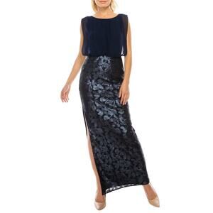 New Aidan Mattox Blouson Navy Sequin High Slit Maxi Dress Gown‎ 0